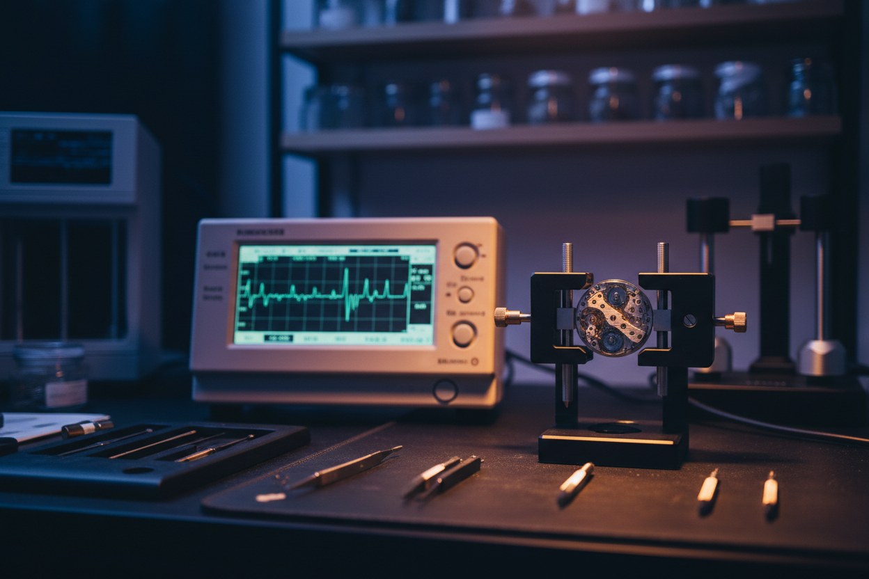 Karanlık bir saat atölyesinde timegrapher cihazına bağlı mekanik saat mekanizması, ekranda ölçüm değerleri